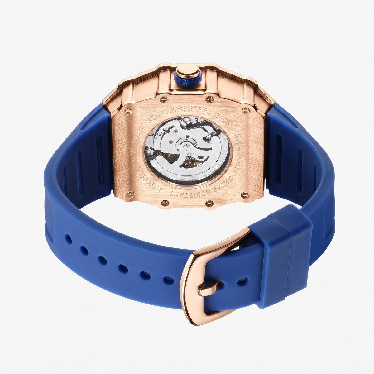Aston Blueのシースルーバックとストラップ裏側、バックル
